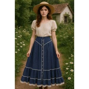 Vintage 70s Jessica's Gunnies Blue Floral Print Skirt Lace Gunne Sax 24" Waist